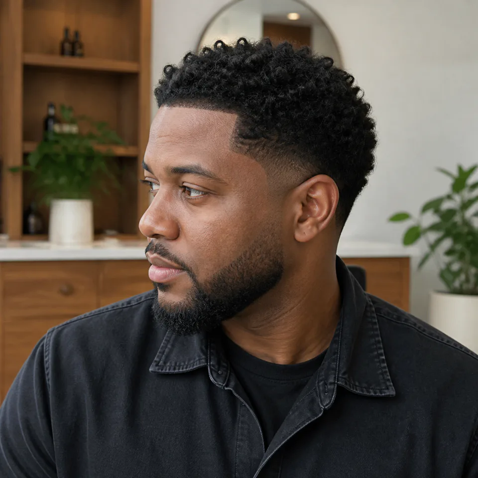 Curly taper and beard detail at The Blade Room