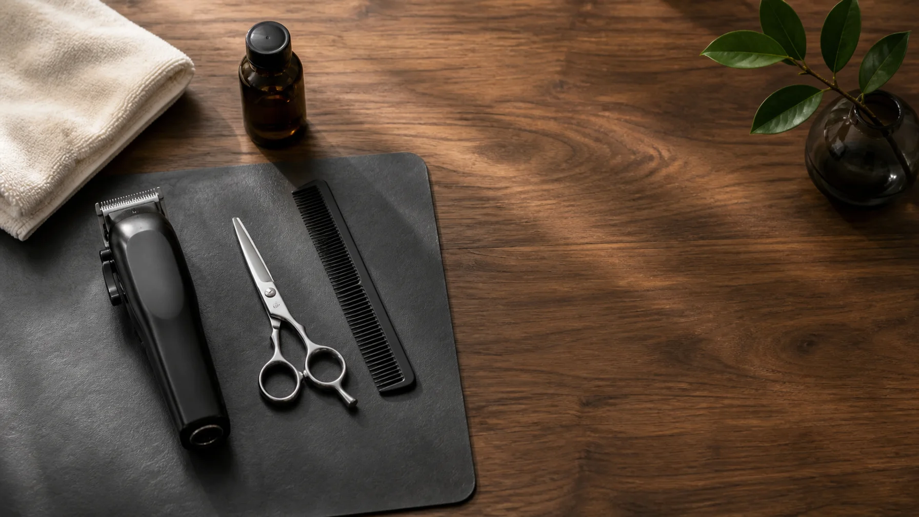 Minimal barber tools arranged on a dark workstation